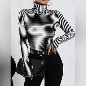 Striped Turtleneck Shirt. Black And White. Size Medium.